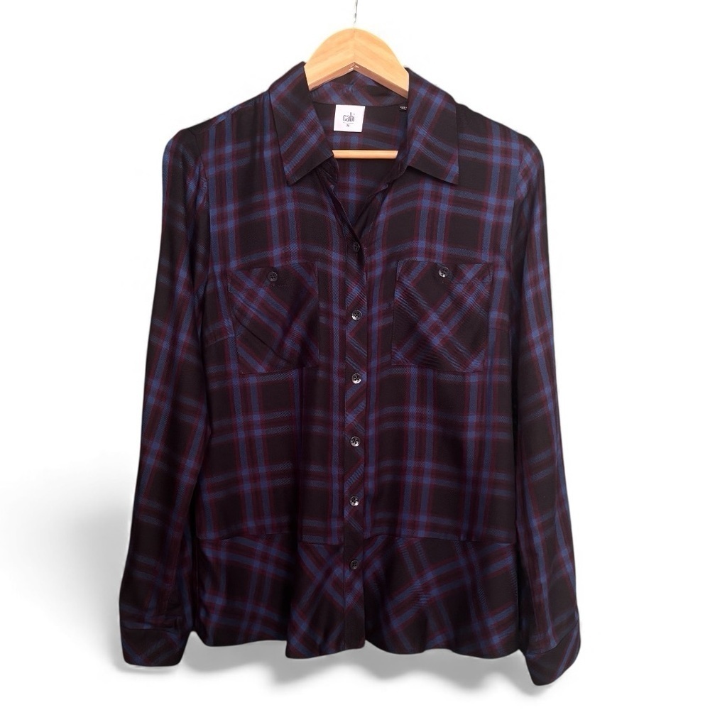 Cabi Moody Plaid Peplum Button Front Blouse Top Size M Red Blue Check Shirt